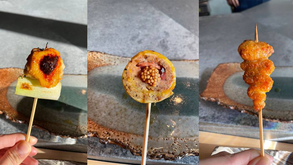Three side-by-side images of chicken skewers: a thigh with green onion, the bisection of a sausage with whole grain mustard, and the crispy skin.